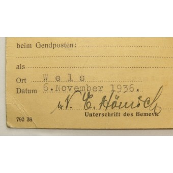 Austrian certificate issued to the Land Militia member. 1936 year. Espenlaub militaria